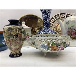 Quantity of ceramics to include Royal Crown Derby Imari plate, no. 2451, Sastuma vase, Frederick Rhead blue and white Prunus vase for Wood and Sons, Dresden pierced basket bowl with encrusted flowers and twin handles, James Kent Old Foley lidded jar with floral decoration, etc