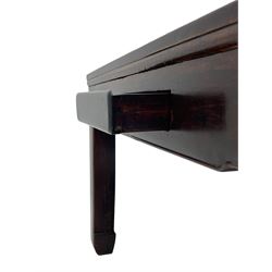Fine 19th century Chinese Qing dynasty hmong wood mahjong or coffee table, Ming design, square top with raised moulded lip, each side fitted with small drawer, on square supports with hoof feet