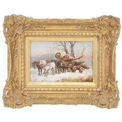 Harden Sidney Melville (British 1824-1894): The Logging Cart, two oils on panel signed, max 13.5cm x 24cm (2)