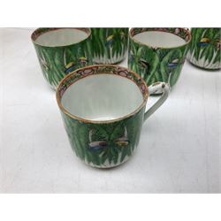 Set of six Chinese coffee cups decorated with colourful green leaves and butterflies, Japanese saucer dish decorated with exotic names, Victorian lustre small beaker and pair of ebony glove stretchers