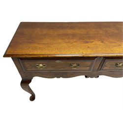Georgian design oak dresser base, moulded rectangular top over three drawers with moulded fronts and mahogany bandings, shaped apron on cabriole front supports
