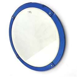 Art Deco circular wall mirror with blue tinted border, D62cm
