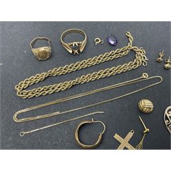 9ct gold amethyst ring, single gold stud earrings, coin ring, cross pendant, two gold chain necklaces and a collection of silver jewellery including pair of earrings, pendant, bangle rings etc