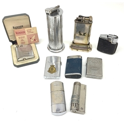 A collection of various cigarette lighters, to include a Dunhill table lighter Pat No 143752, a Parker Roller Beacon table lighter, three Ronson examples, one in maker's case, a Zenith example detailed with HMS Intrepid crest, a Tommy trench lighter, etc. 