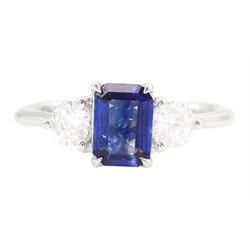 Platinum sapphire and diamond three stone ring, single emerald cut sapphire of approx 0.70...