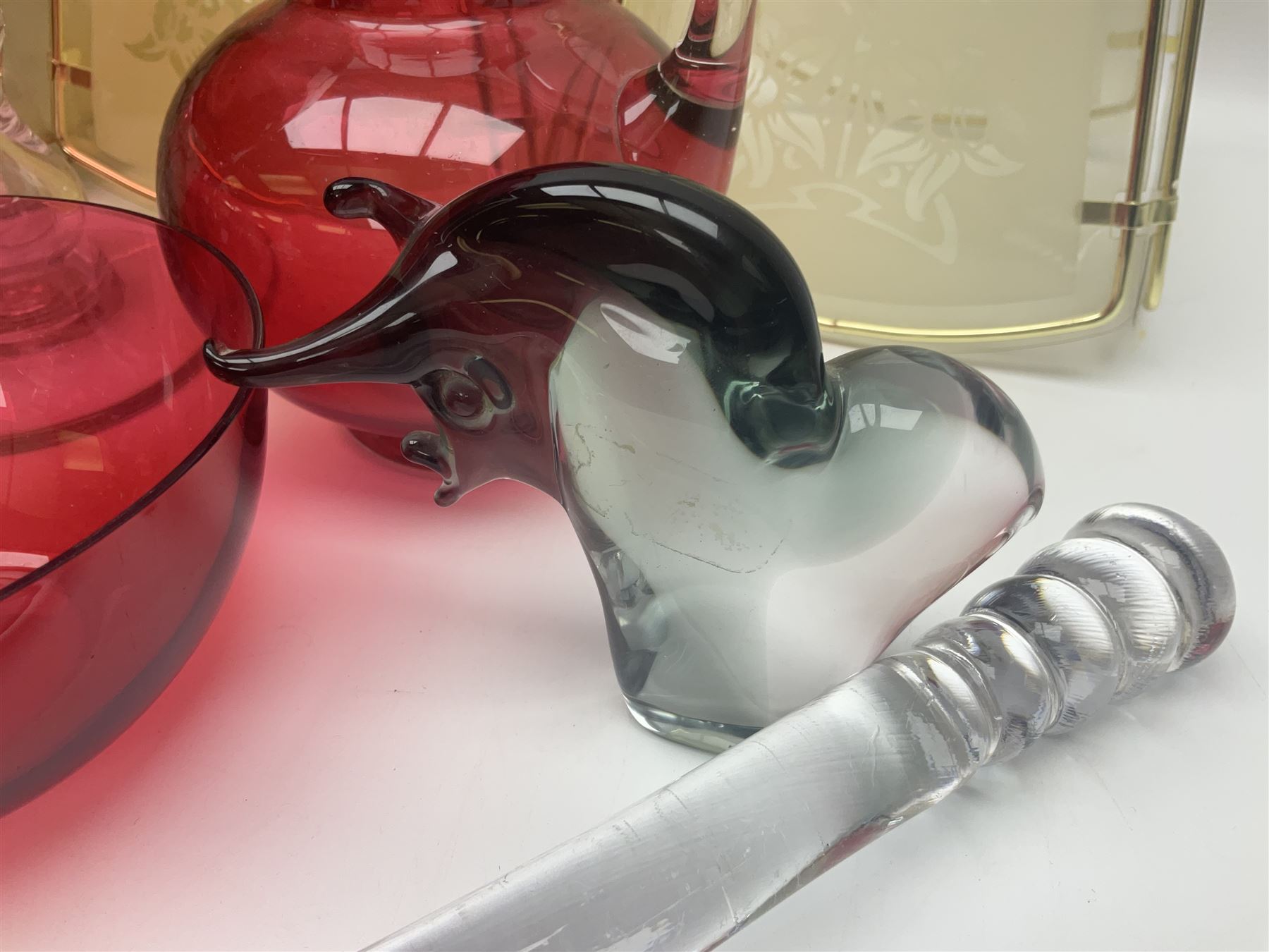 Pair of V Nason & Co murano glass dolphins together with to other glass figures and cranberry glass and lampshades  