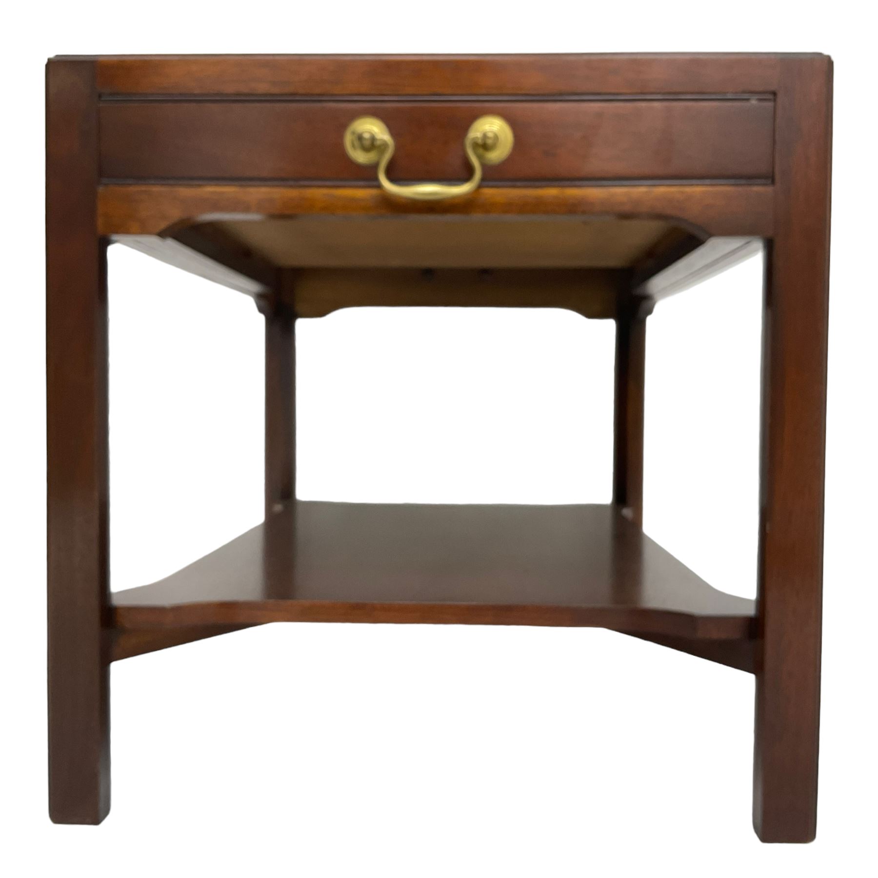 Mahogany side table or end table, the dished rectangular top with moulded edge, fitted with single end drawer, moulded square supports with inner chamfer united by under-tier 