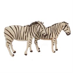 Karen Trower: two zebra sculptures, with leather sew over wood and metal frames, H48cm