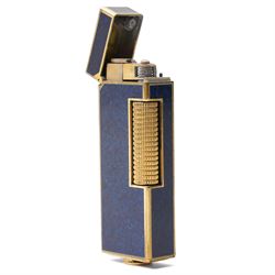 Dunhill - Rollagas lighter, lapis blue lacquer and gilt metal, with ribbed thumbpiece, H6.5cm 