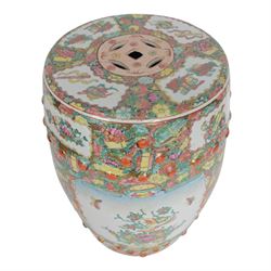  Chinese famille rose canton barrel shaped garden seat decorated with birds amongst foliage, figures and butterflies, H46cm