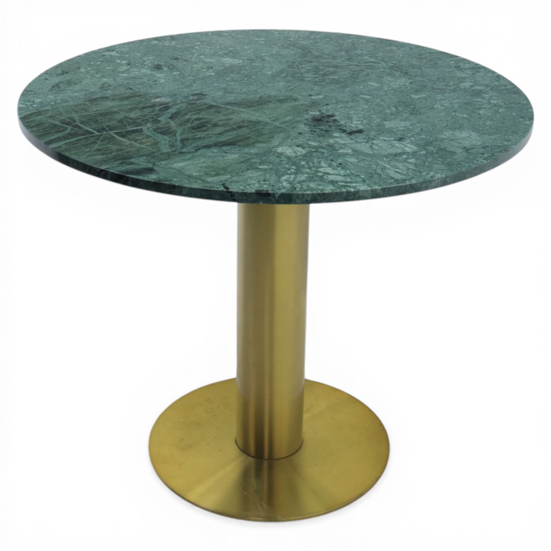 Contemporary marble top pedestal table, green circular marble raised on a brushed brass column  