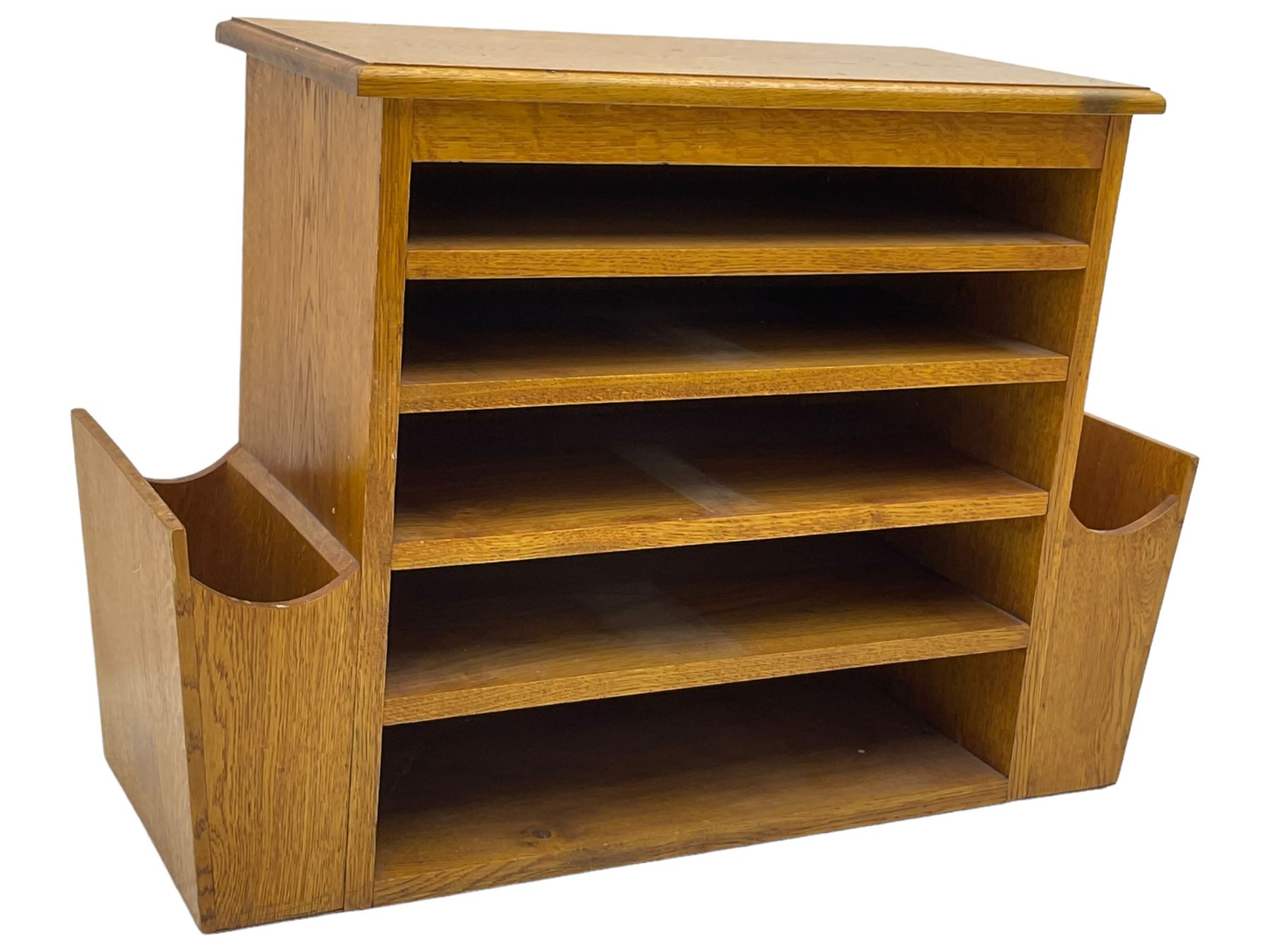 Craftsman made oak magazine table or HI-FI stand, moulded rectangular top over four shelves, flanked by two projecting holders
