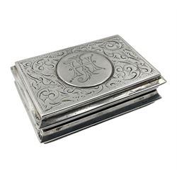 Edwardian silver snuff box, of rectangular form, with engraved scroll decoration and engraved initials to applied circular cartouche, hallmarked Joseph Gloster Ltd, Birmingham 1904, L5.5cm
