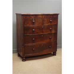  Early Victorian figured mahogany bow fronted chest, two short and three long drawers, rope twist quarter column uprights, W110cm, H122cm, D54cm  