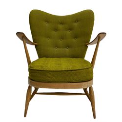 Ercol beech framed open armchair, buttoned upholstered back in green fabric, loose seat cushion 