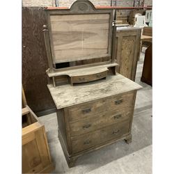 Edwardian oak dressing chest, rectangular swing back over trinket drawers, fitted with three drawers (W92cm D51cm H163cm); 20th century cupboard or bookcase, single door over four shelves (W60cm H36cm H93cm); and cupboard base - THIS LOT IS TO BE COLLECTED BY APPOINTMENT FROM THE OLD BUFFER DEPOT, MELBOURNE PLACE, SOWERBY, THIRSK, YO7 1QY