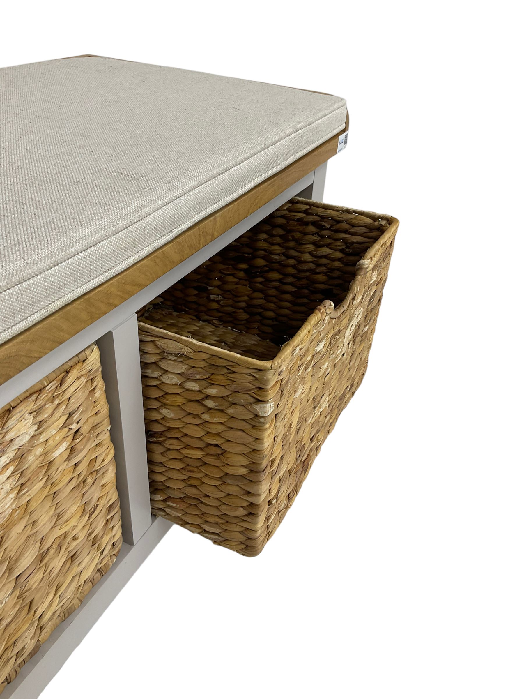 Roseland Farrow - oak and grey finish hallway bench with baskets and squab cushion 