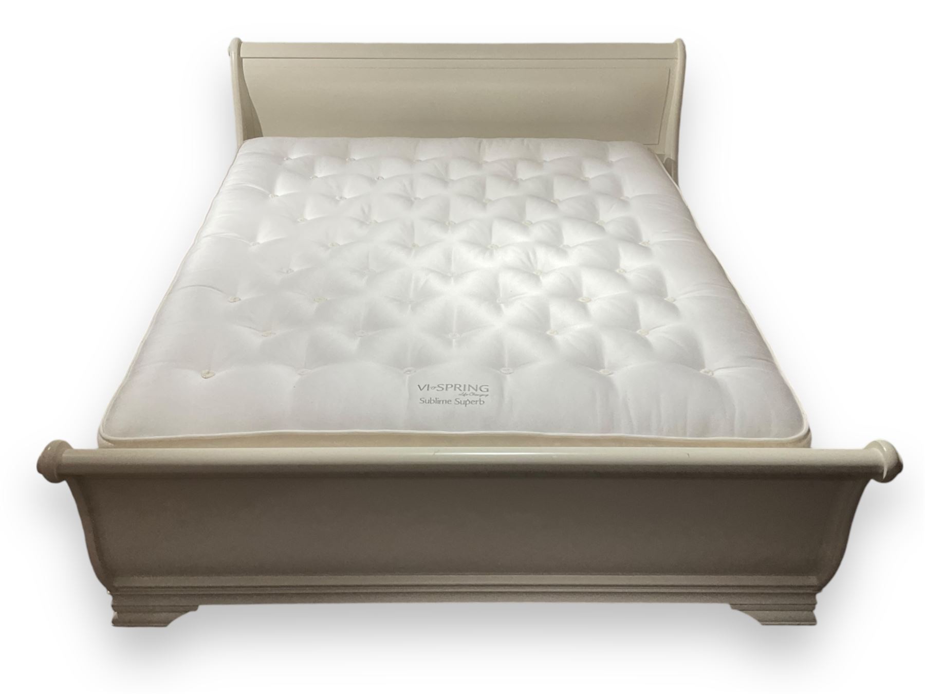 Cream finish Super Kingsize sleigh bed; together with Vispring 'Sublime Superb' mattress complete with divan base