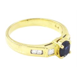 18ct gold sapphire and diamond ring, single oval cut sapphire of approx 0.70 carat, with a princess cut diamond and two round brilliant cut diamonds set either side, stamped 750, total diamond weight approx 0.20 carat