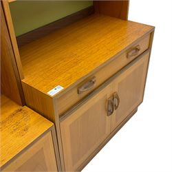 G-Plan - mid-20th century teak sectional wall unit, fitted with shelves, glazed cabinet, cupboards and drawer 