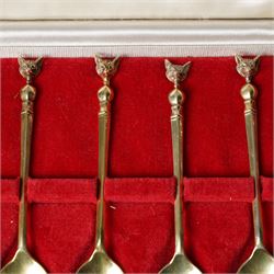 Cased set of six silver gilt coffee spoons with fox mask terminals London 1973 Maker S J Rose & Son in Garrards case