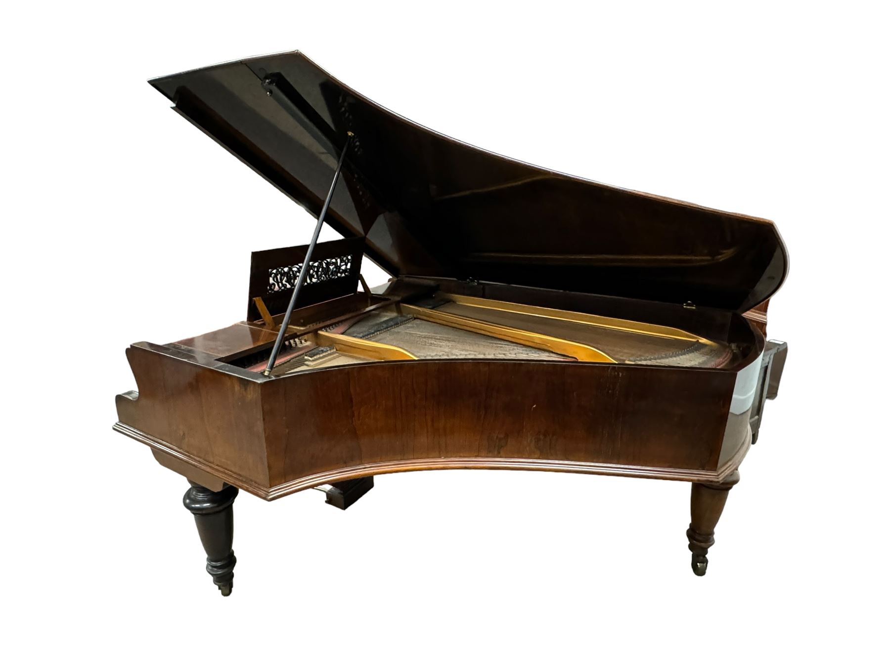 John Broadwood & Sons London - 19th century rosewood grand piano serial  No 47356 (1900-1910) overstrung cast iron frame with 88 notes, 7 octaves, Lyre with sostenuto and una-corda pedals, split-hinged key fall board and fretted music desk, case raised on three taper turned legs with brass castors, original stringing, felt, hammers, dampers and grand roller action.

This item has been registered for sale under Section 10 of the APHA Ivory Act