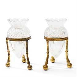19th century F & C Osler trio, the cut-glass bud vases upon stylised gilt bronze mounts, stamped Osler to feet, tallest H15cm 
Notes: F & C Osler famously supplied the crystal fountain for the Great Exhibition of 1851.
