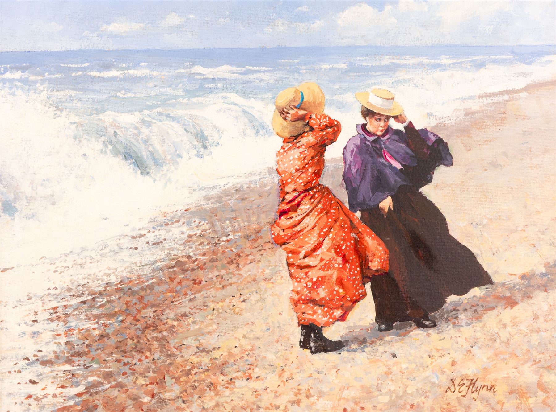 Dianne Elizabeth Flynn (Northern British 1939-): Ladies on a Windy Beach, oil on canvas signed 29cm x 39cm 
Provenance: with The Unicorn Gallery, Wilmslow, label verso