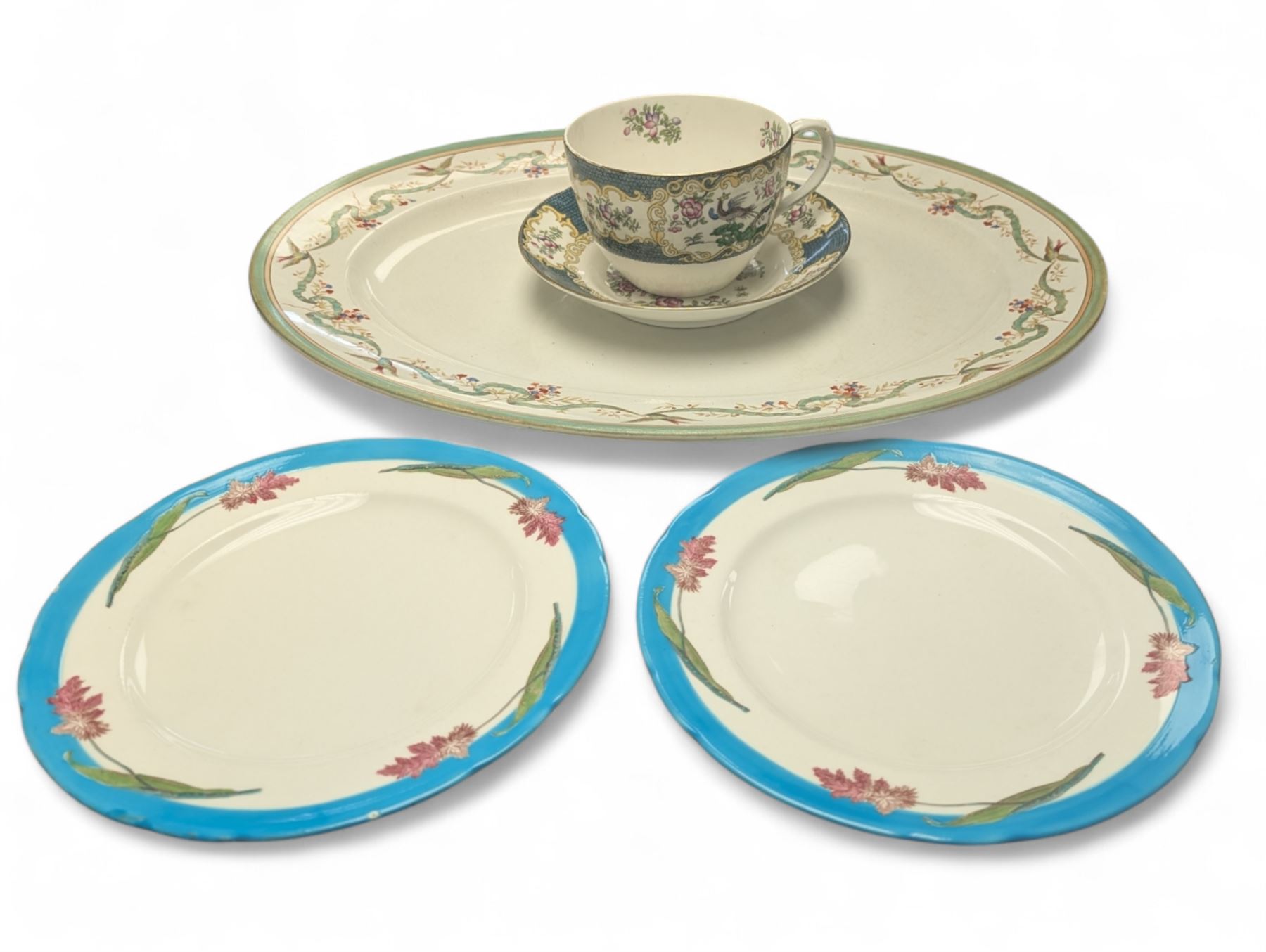 Large Furnival meat platter, the ribbon border decorated with swallows and flowers, two cabinet plates, with printed and painted floral decoration on a turquoise border, with Minton backstamp and a Bisto oversized cup and saucer