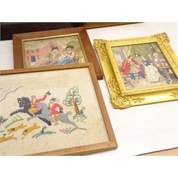  Four early 19th century and later needlework pictures, two seated figures playing musical instruments, wool work floral picture worked by Sarah A Slim 1861, mother and child wool work within temple archway, Proposal scene needlework picture within ornate gilt frame and larger religious scene wool work 19cm x 23cm (5)  