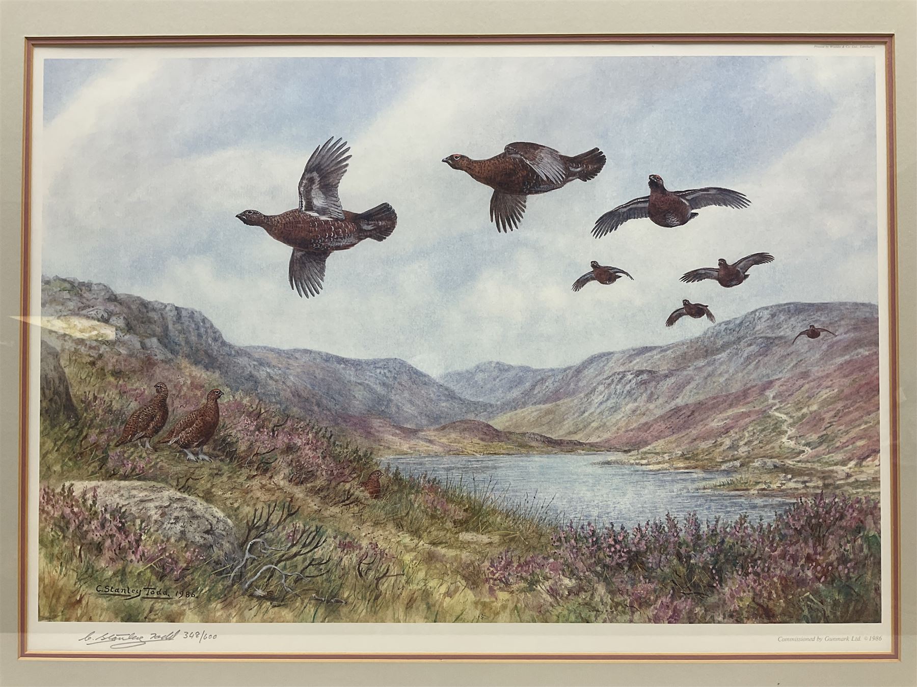 Five limited edition framed coloured prints of shooting interest comprising after C. Stanley Todd game birds taking flight in a mountainous lake landscape no.348/600; after J.C. Harrison game birds in flight over fields no.285/500; after Alan B. Hayman  'A Right and Left?' no.398/850; after Andy Beck 'Pheasant Drive' no.56/350; and after Leo Stans 'Autumn Air'; all signed on the mount; various frames (5)
