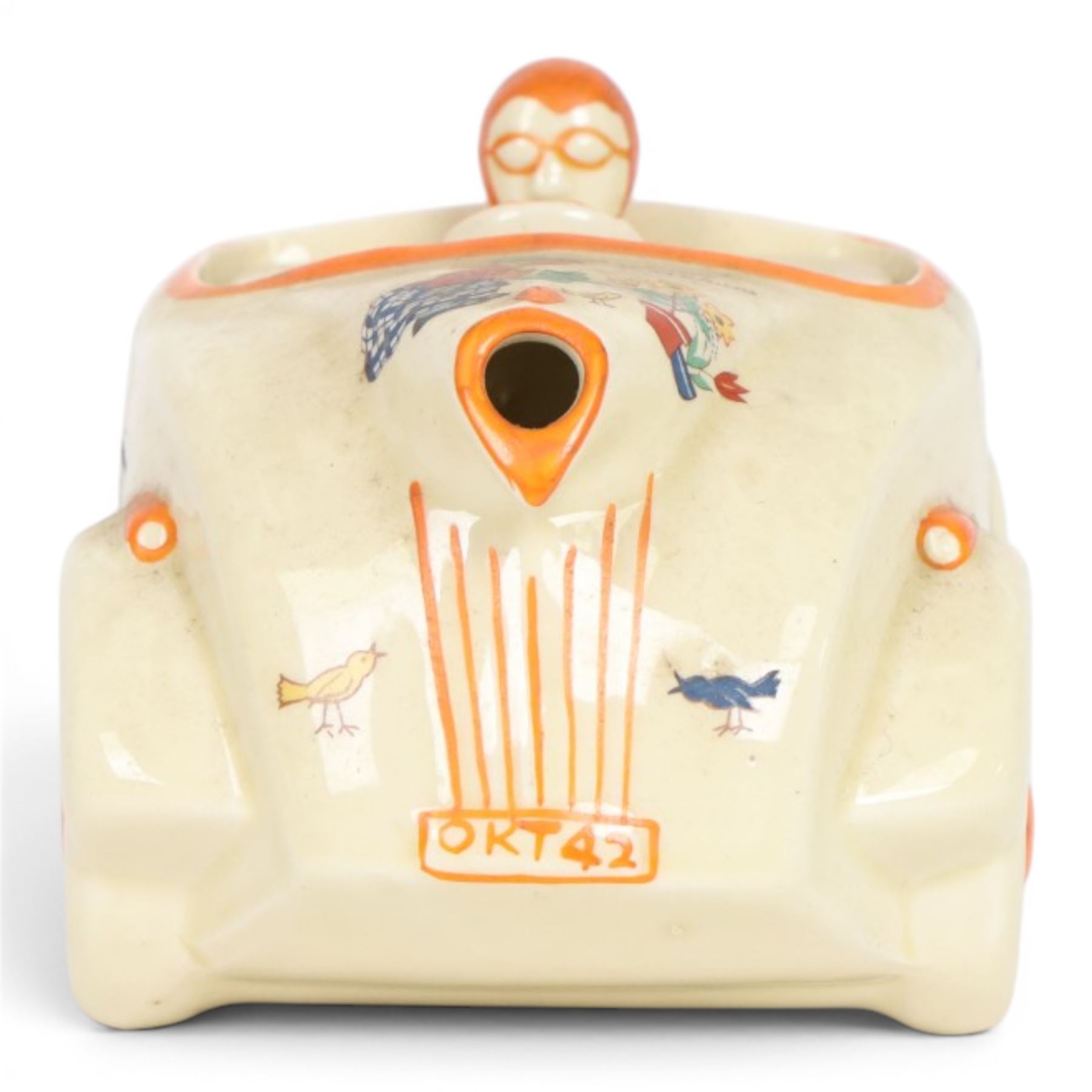 Sadler Art Deco teapot, modelled as a racing car with printed designs in the manner of Mabel Lucie Attwell, H10cm, L23cm