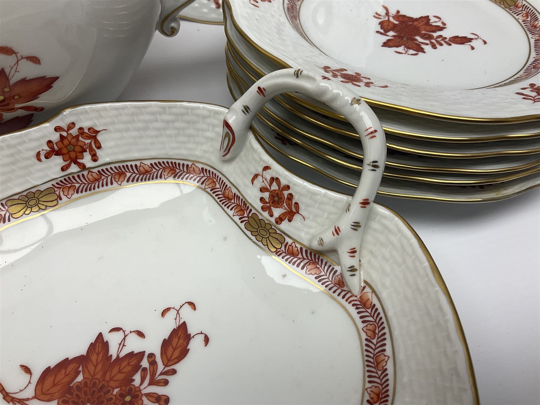 Herend Chinese Bouquet Rose pattern tea service comprising teapot, coffee pot, open sucrier, six cups and saucers, six tea plates, cream jug and stand, milk jug, two teabag holders, preserve pot, two leaf shaped dishes, four egg cups, salt & pepper pots, pair side plates and another plate