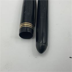 Three Swan Mabie Todd fountain pens, comprising Self Filler 3162 with black barrel and cap with single band and gold nib stamped Eternal 1 14ct, together with two Calligraph examples with gold nibs stamped 14ct, one with box, largest L12.5cm