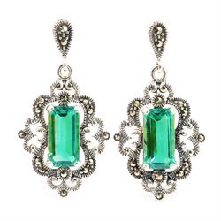 Pair of silver marcasite and green quartz pendant stud earrings