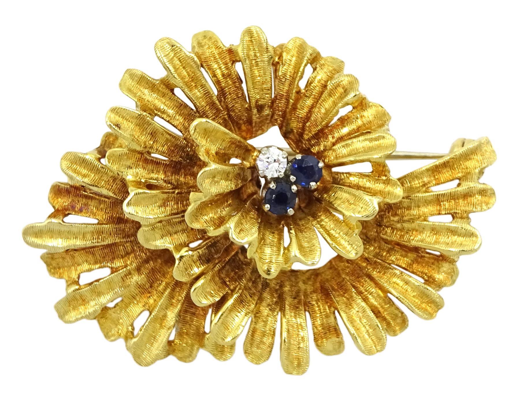 18ct gold three stone diamond and sapphire stylised flower brooch, London import mark 1969