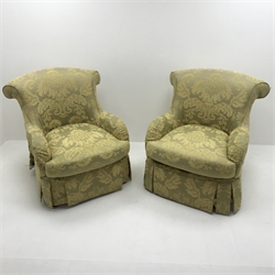 Pair fan back armchairs upholstered in classic gold fabric with floral pattern, W83cm
