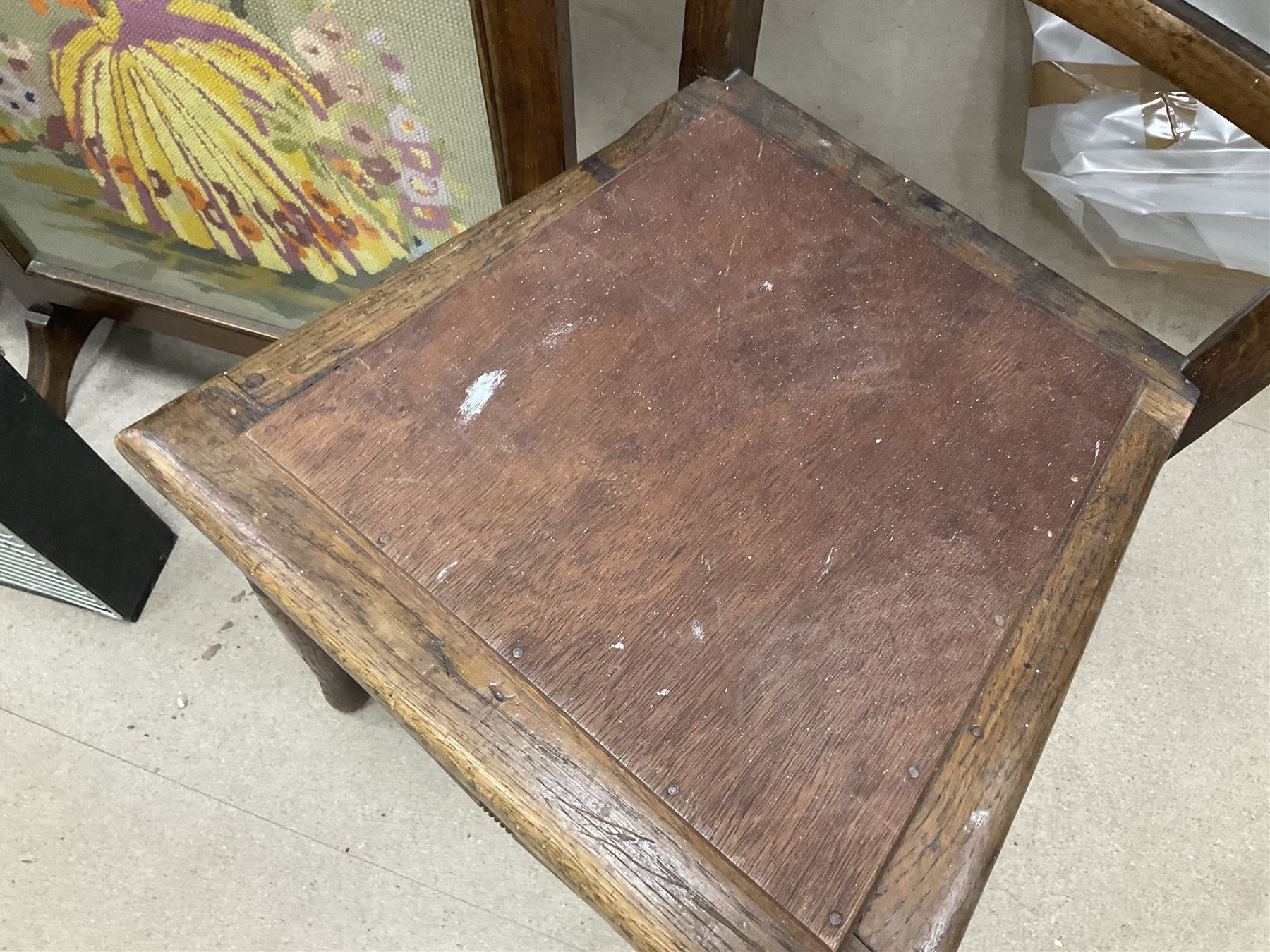 Mahogany framed easel mirror and another mirror, Firescreen with needlework panel depicting a woman in the garden H73cm, other wood items etc