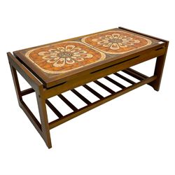 Mid-20th century teak coffee table, rectangular top with inset tiled surface over slatted undertier