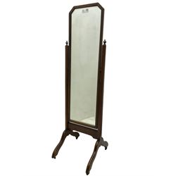 20th century mahogany framed cheval dressing mirror, rectangular bevelled plate with canted top corners, fluted uprights on splayed end supports and castors