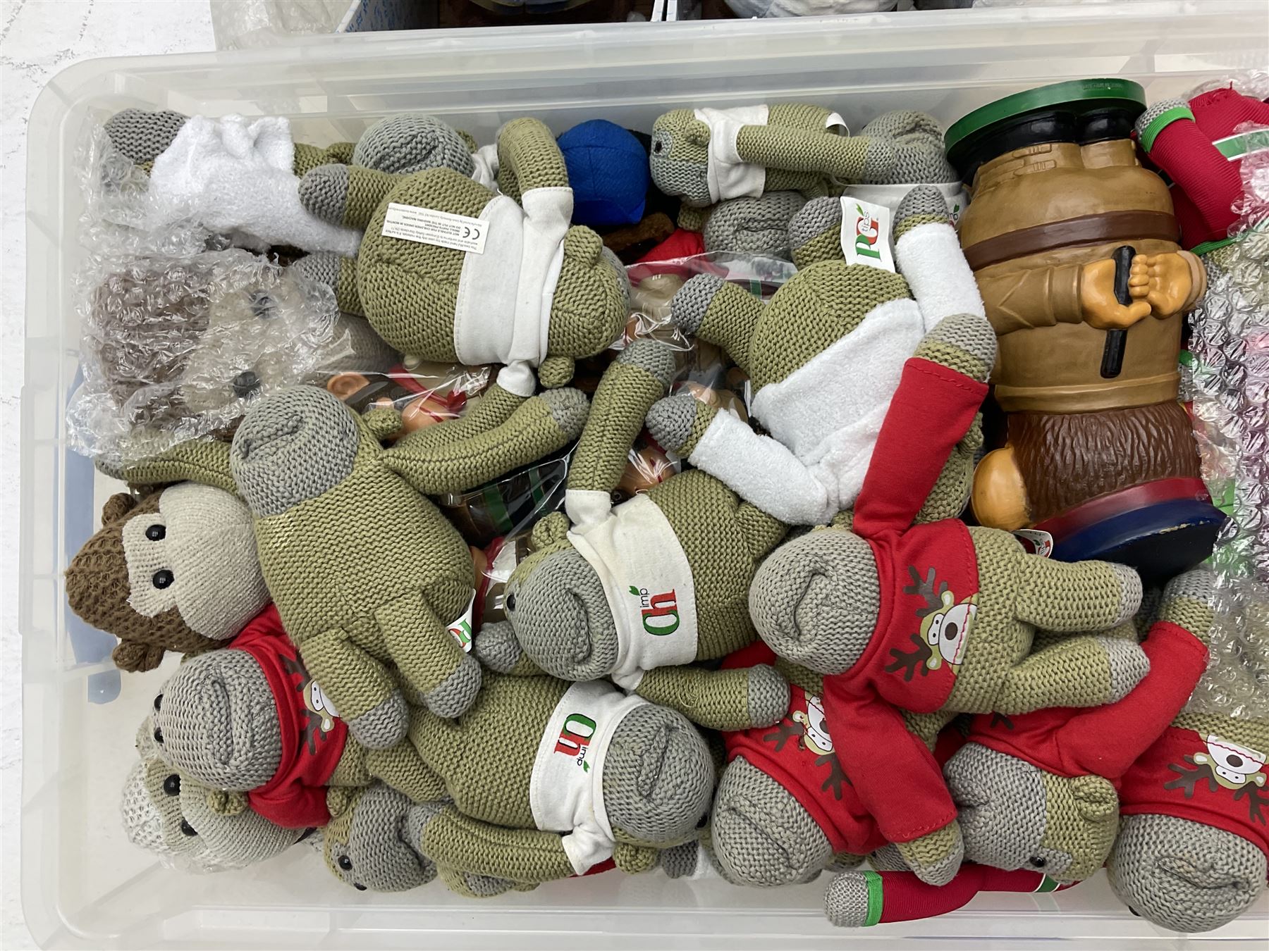 Only Fools and Horses stuffed toys, Churchill dogs and quantity of PG Tips merchandise and stuffed monkeys etc in two boxes
