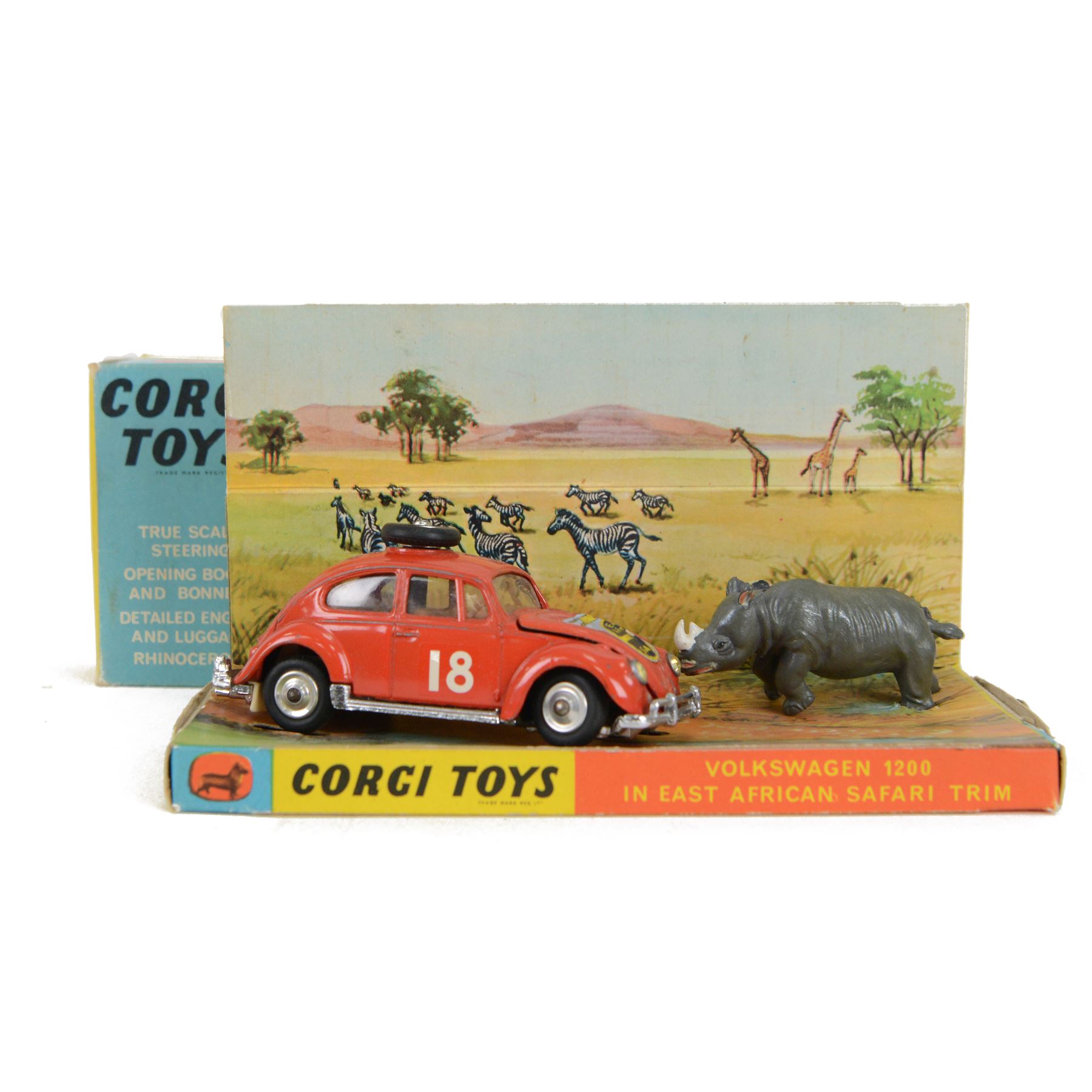 Corgi no. 256 Volkswagen 1200 in East African Safari Trim, boxed with rhinoceros figure and inner display