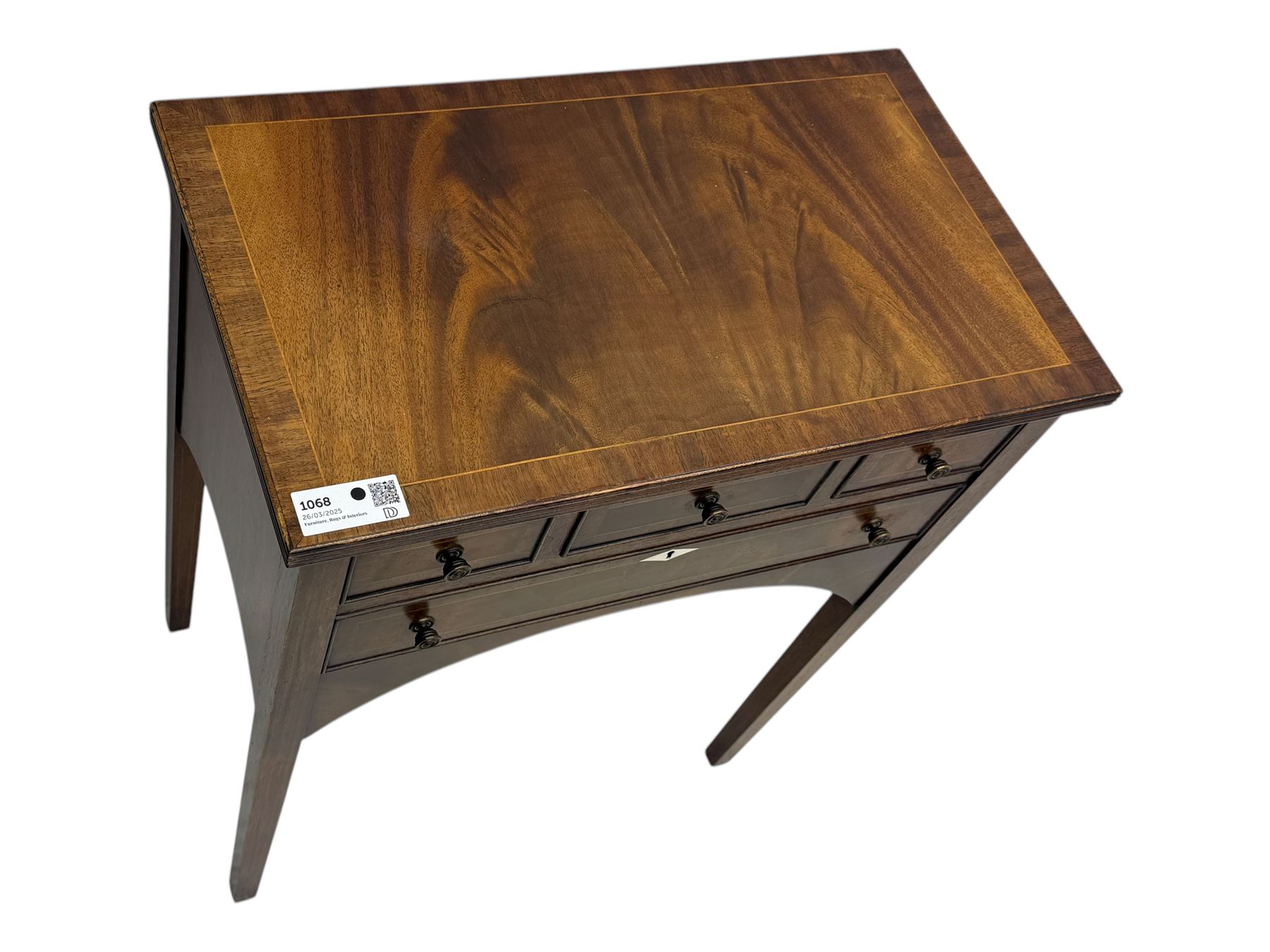 Georgian design inlaid mahogany side table, rectangular top with fluted edge over three short and one long drawer, arched apron, raised on slender supports 
