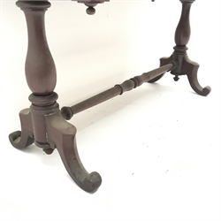 Victorian mahogany washstand, raised shaped back, two frieze drawers, turned supports joined by single stretcher on scrolled feet, W121cm, H83cm, D57cm