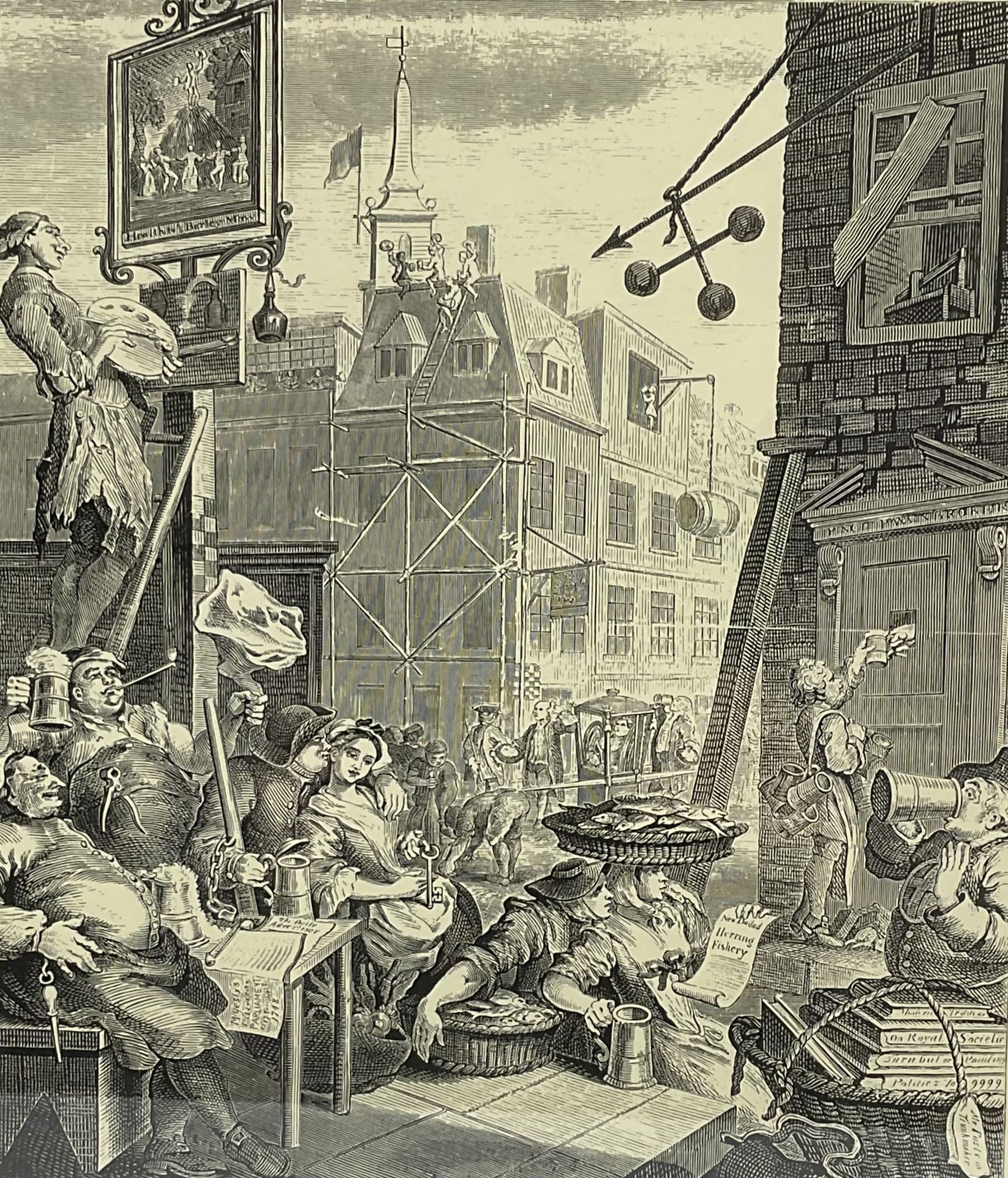 After William Hogarth (British 1697-1764): 'Beer Street' and 'Gin Lane', pair engravings originally published 1751, 29cm x 25cm (2)
