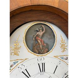 William Gostling of Diss  (Norfolk)-  Late 18th century 8-day oak longcase clock c1780-90, break arch top with scalloped cresting and three brass finials, glazed break arch hood door flanked by turned pilasters with brass capitals, trunk with a long trunk door and rounded top on a square plinth with an applied and shaped skirting, early painted Wilson of Birmingham dial with Roman numerals and five minute Arabic's, matching steel hands and second pointer, arched square ended calendar aperture with date disc behind, floral spandrels within gesso borders and a painted rocking automaton representing Mercury to the break arch, dial pinned via a false plate to a weight driven rack striking movement with a recoil anchor escapement, striking the hours on a cast bell. With pendulum weights and key. 
William Gostling (II) is recorded as working in Diss from 1774 to 1797, succeeded by widow Anne and son George . The dial of this clock is illustrated and discussed in detail in M.F. Tennants book 