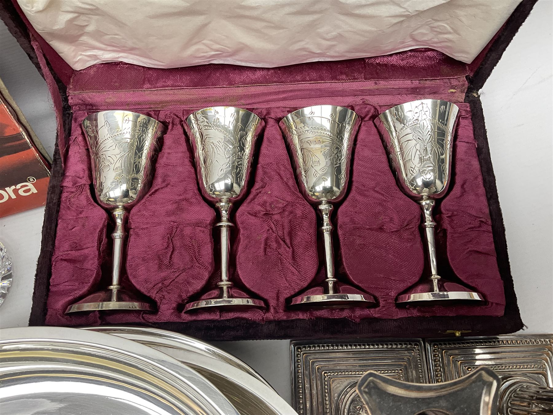 Silver plated Calibri lighter, in the form of a twin handled vase with mask handles, together with a pair of silver plated candle sticks, horn handled carving set with hallmarked silver ferrules and other silver plated items