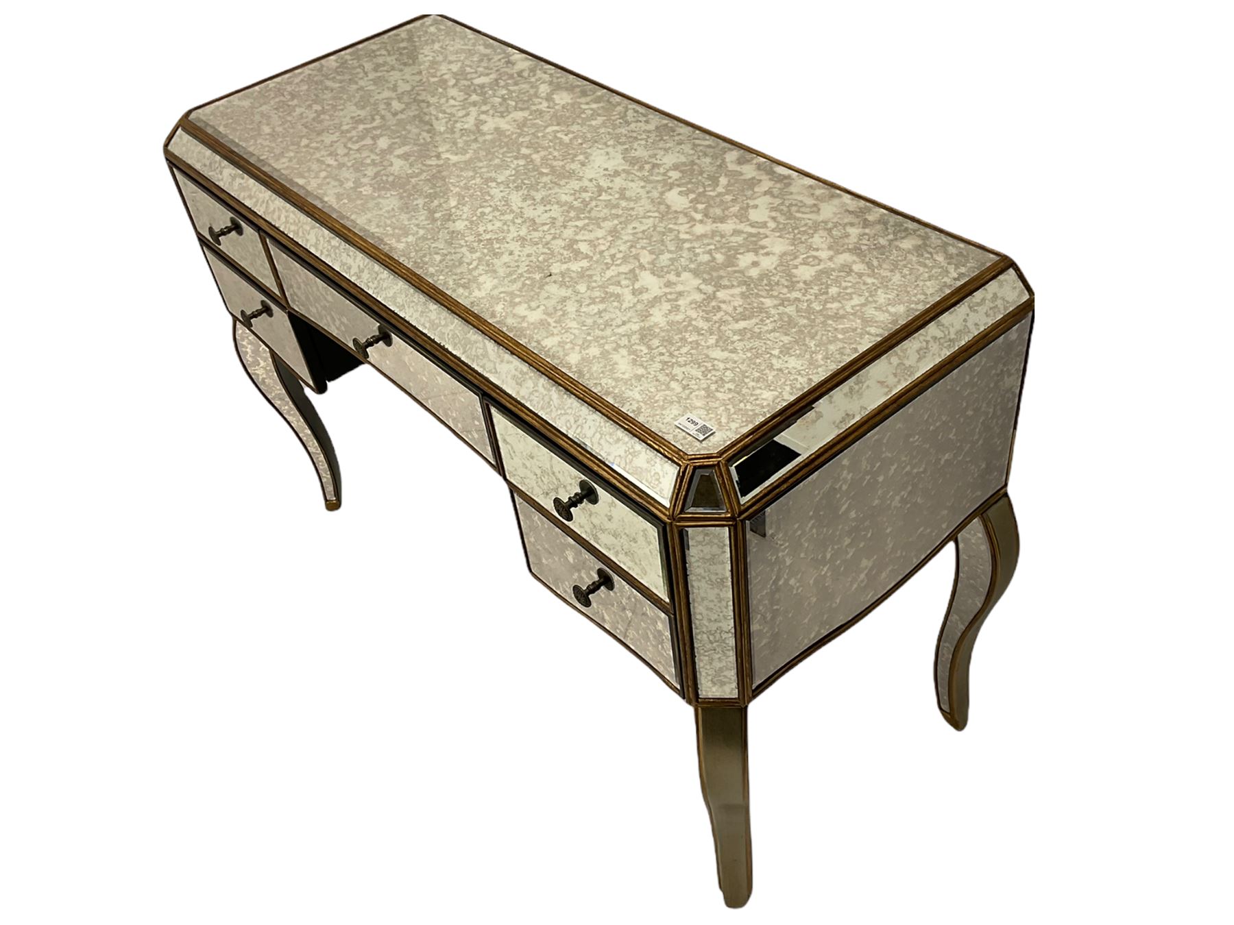Contemporary mirrored dressing table, bevelled and antique style plates, fitted with five drawers, on cabriole supports 