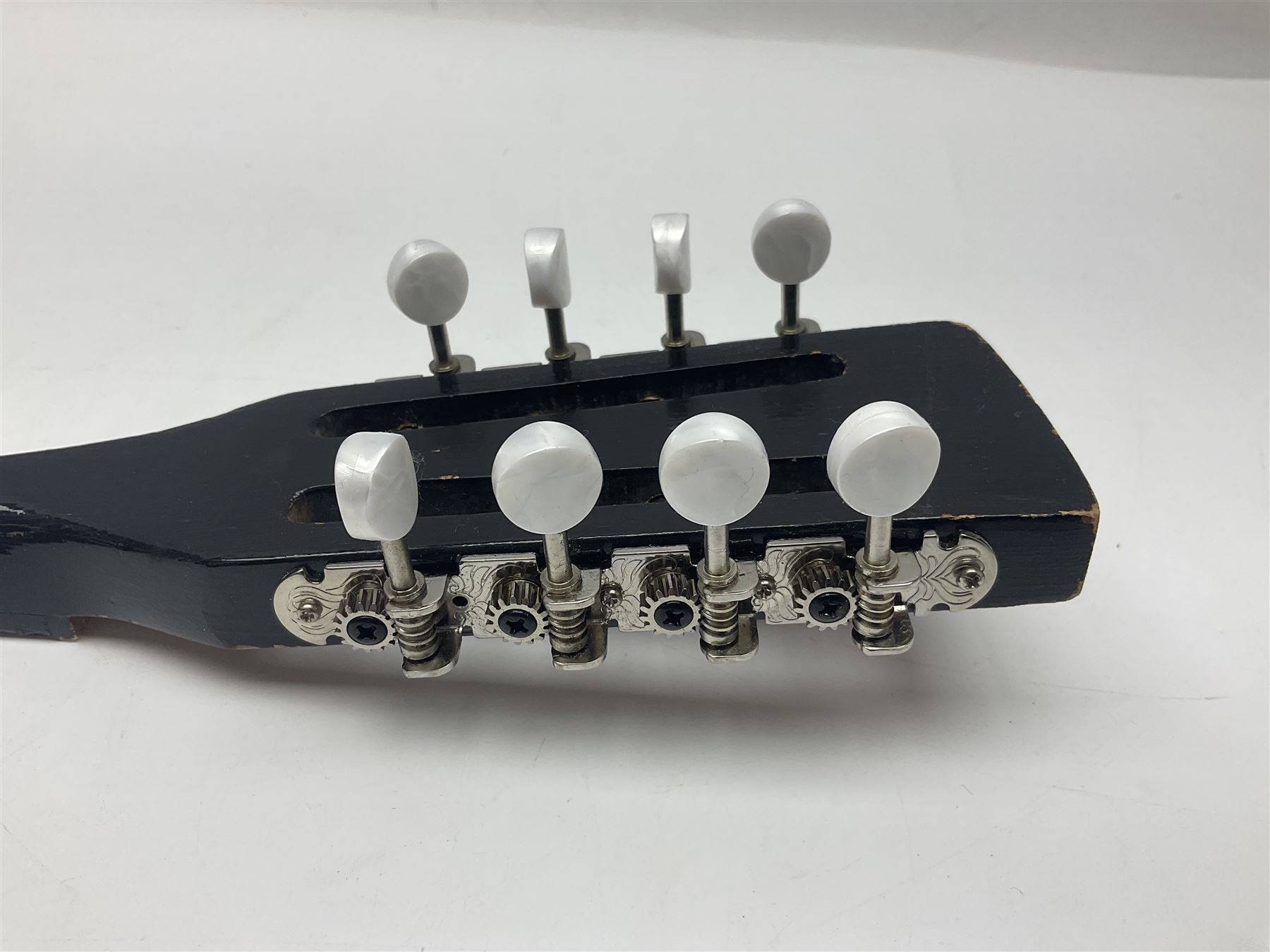 French mandolin with segmented lute back and mother-of-pearl inlaid spruce top; bears label for 'Jerome Thibouville-Lamy & Cie Paris L60cm; and another unmarked flat-back mandolin; both for completion (2)