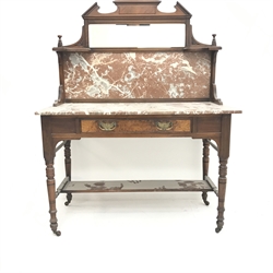 Victorian marble top washstand, raised shaped tile and mirror back, single drawers, turned supports joined by undertier, W108cm, H140cm, D52cm